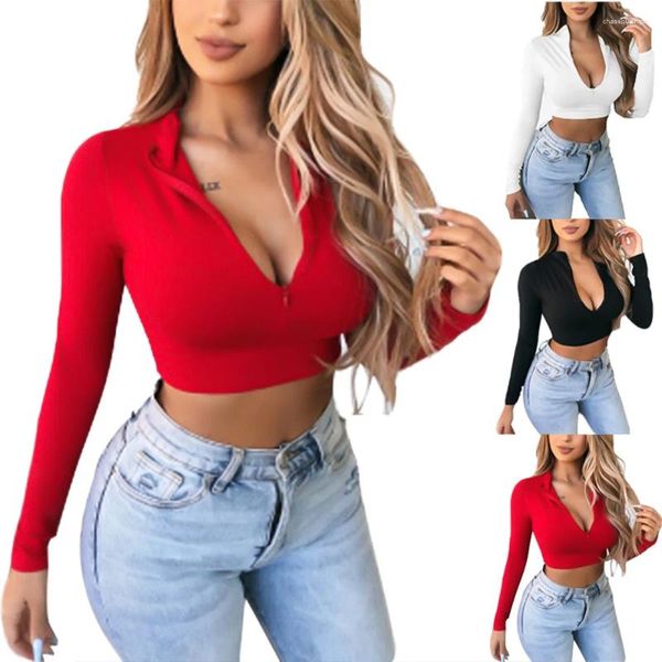 T-shirt da donna 2023 T-shirt da donna Primavera Autunno Sexy profondo scollo a V tinta unita Crop Top Camicetta a maniche lunghe Ladies Skinny Short Tops