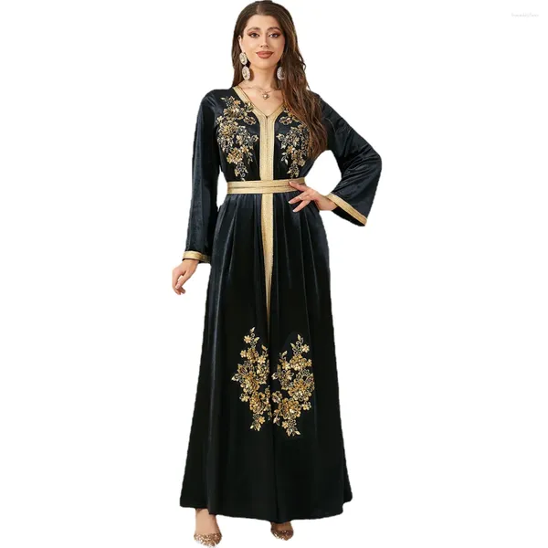 Ethnische Kleidung Zigui-Kaftan-Kleider für Damen, Pailletten, Blumenstickerei, arabisches Abaya, muslimisches Abendkleid, lange Ärmel, schwarzer Samt