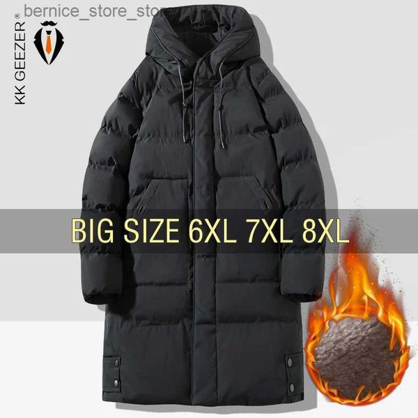 Herren Daunenparkas Winterjacke Lange Männer 2023 Fleece Dicke warme Kapuze Plus Größe 6XL 7XL 8XL Winddichte männliche Parkas Gepolsterter loser Baumwollmantel Q231206