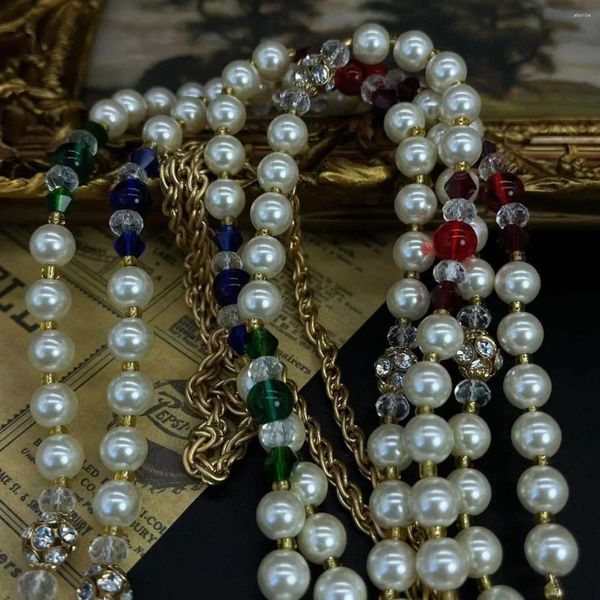Ketten Vintage-Accessoires Glasperle Dreischichtige lange Halskette im Stil einer Pulloverkette