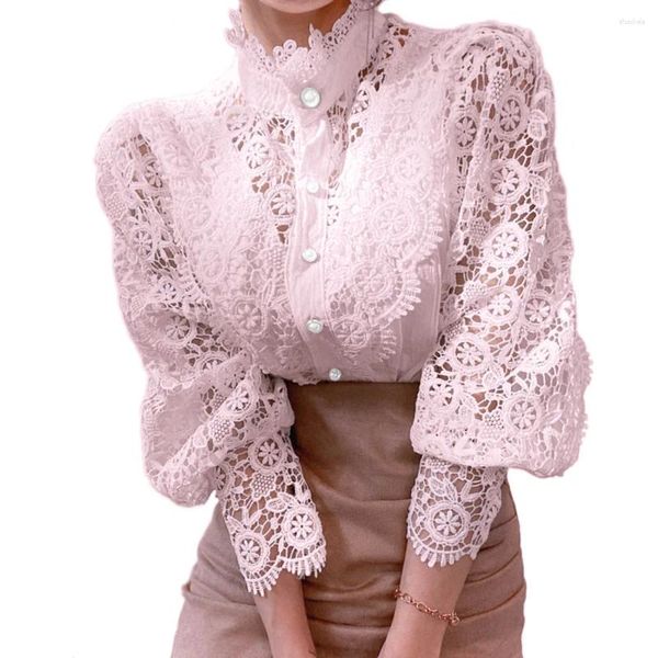 Blusas femininas branco vintage renda retalhos camisa blusa feminina outono inverno lanterna manga camisas para 2024 sexy oco para fora algodão topo