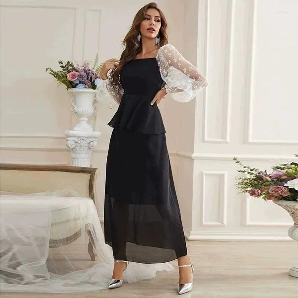 Abbigliamento etnico Donna Eid Abiti musulmani Colletto quadrato Maniche a lanterna Vestibilità ampia Dubai Abaya Abito da festa patchwork sexy a vita alta