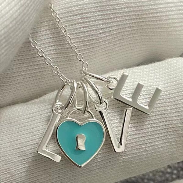 collana con ciondolo di design con lettere a cuore dolce d'amore placcato in argento sterling s925, girocollo con catena in oro 18 carati, collane con cuori adorabili blu, gioielli da sposa