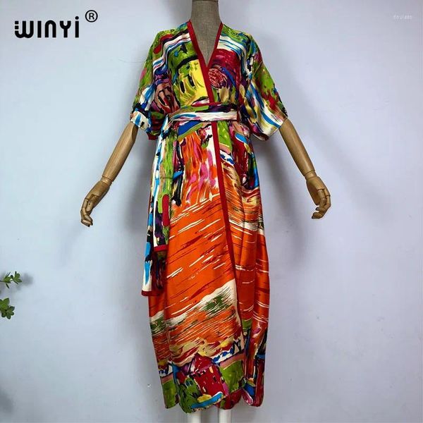 Mulheres Swimwear WINYI Kimono com Cinto Impressão Verão Boho Bikini Cover-up Elegante Moda Cardigan Sexy Férias Maxi Beach Maiô Vestido