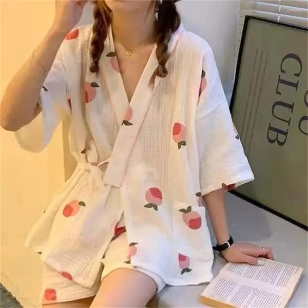 Indumenti da notte da donna Cartoon Peach Print Ragazze Pantaloncini a maniche corte stile fresco 2 pezzi Kimono Pigiama per la casa Set Comfort Garza di cotone Pigiama