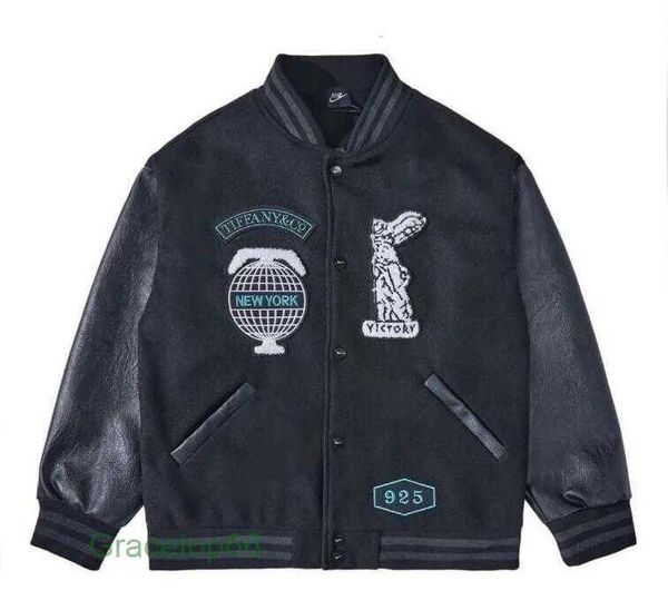 Мужские черные бейсбольные куртки 2023ss, мужская дизайнерская куртка Tiffany с кожаными рукавами, Нью-Йоркские мужские пальто 925 1e00
