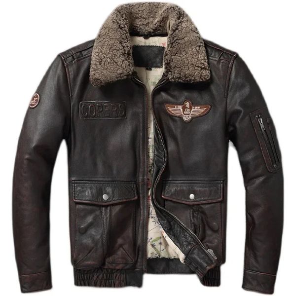 Herren Leder Faux Vintage Echte Jacke Männer Flug Jacken Natürliche Pelz Kragen Luftfahrt Bomber Mäntel Herren Motorrad Biker 231206