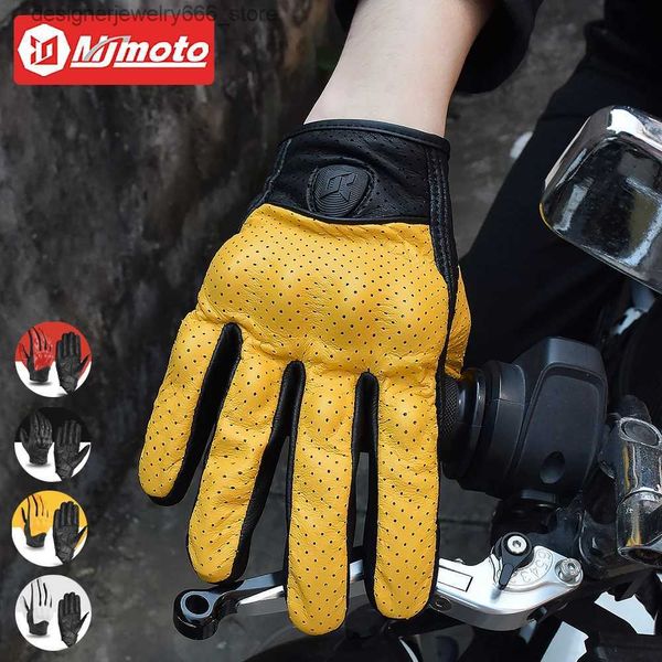 Cinco Dedos Luvas Clássico Vintage Motocicleta Luvas de Corrida Verão Couro Perfurado Amarelo Motocross Luva Homens Mulheres Luvas de Motociclista S-XXL Q231207