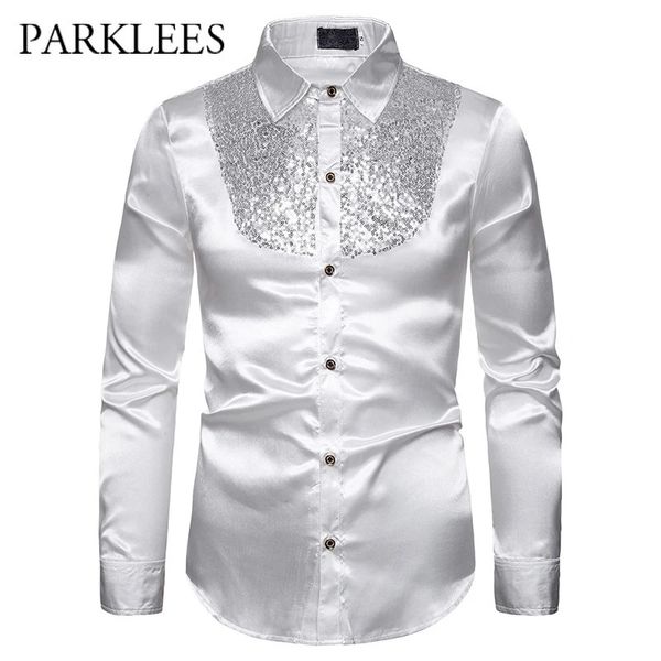 Camisas casuais masculinas Homens de seda cetim suave camisa de luxo ouro lantejoulas smoking camisa festa palco desempenho vestido de casamento camisas chemise homme 231205