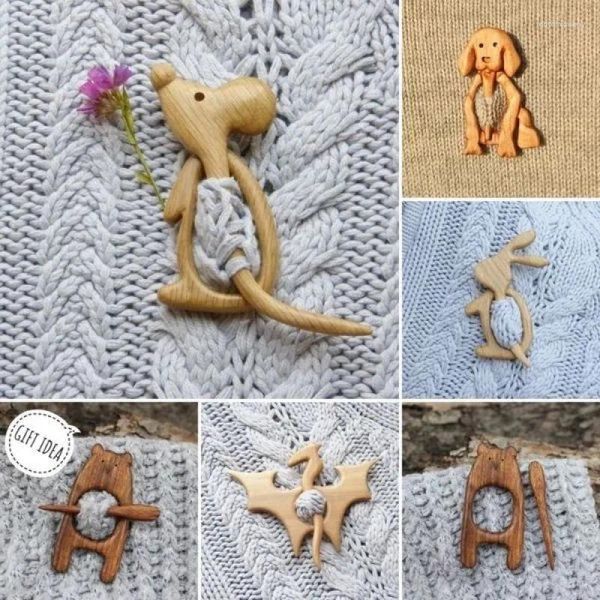 Broches broche pino com padrão animal de madeira diy artesanato emblema dos desenhos animados engraçado bonito xale cachecol fivela fecho pinos jóias presente