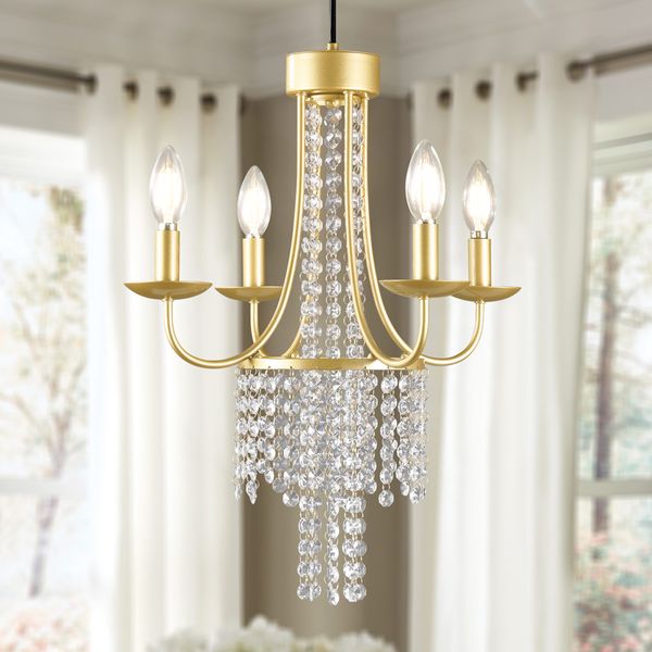 Lustres de cristal de ouro de luxo, 4 luzes modernas candelabro de teto de vela, luminárias pendentes decoração para quarto, corredor, sala de jantar