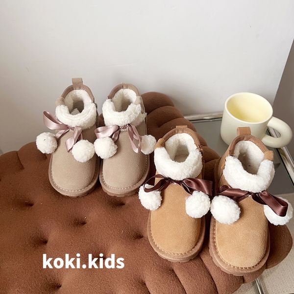 Decorado arco hairball inverno botas de neve das crianças menina sapatos de algodão tornozelo botas com zíper botas peludas