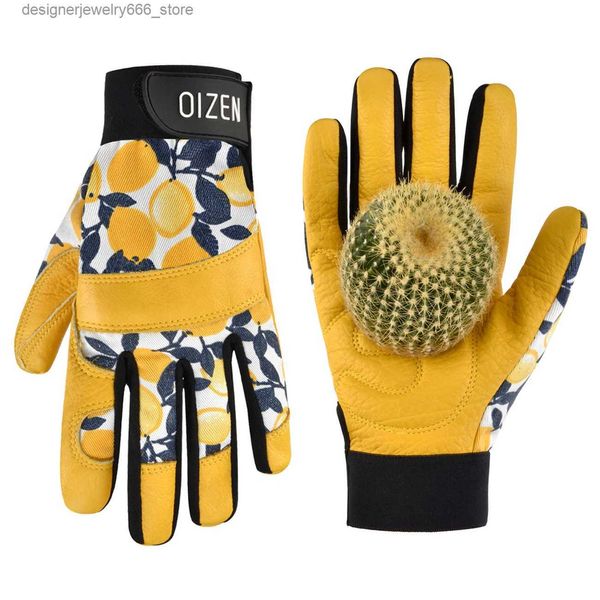 Guantes de cinco dedos 1 par de guantes de jardín de cuero amarillo de cuero de vaca resistente para mujeres Guantes a prueba de espinas para jardinería Desmalezado Excavación Plantación Q231206