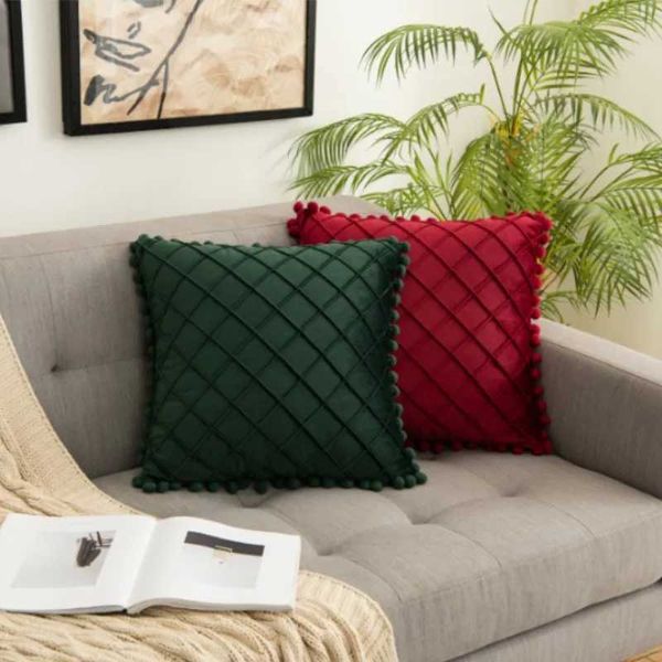 Cushion/capa de veludo decorativa com pompom bola azul verde capa de capa de quarto de decoração de sofá de 35x50cm/50x50cm