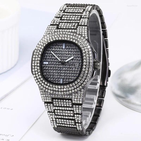 Relógios de pulso congelados mulheres relógio ouro prata cor quadrado diamante quartzo luxo hip hop relógios de pulso relógio romano presente namorado