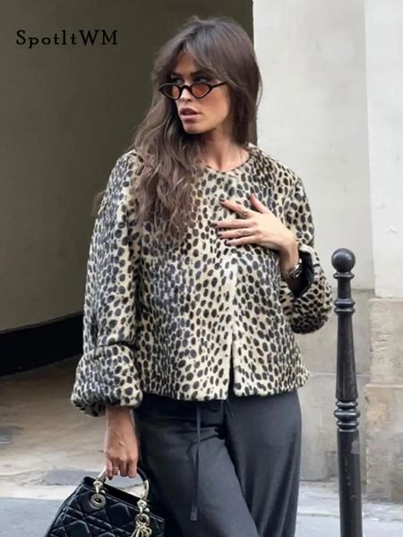 Mulheres de couro falso outono leopardo impressão lã casacos de lã para mulheres vintage em torno do pescoço manga longa jaqueta quente 2023 feminino chique streetwear casaco 231206