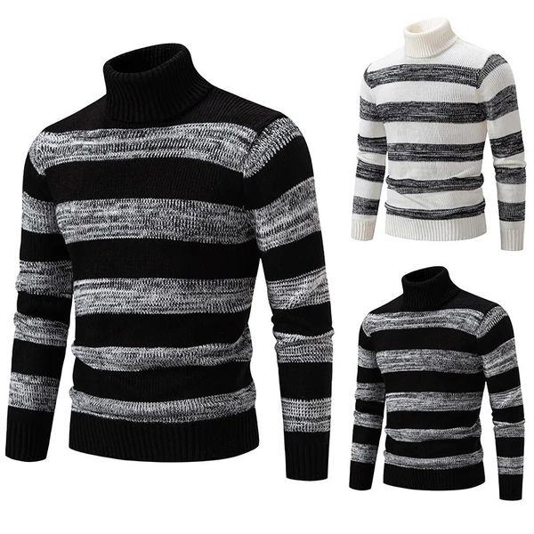 Мужские свитера, осенне-зимний свитер, корейский пуловер в черно-белую полоску, тонкая майка с высоким воротником, 231205