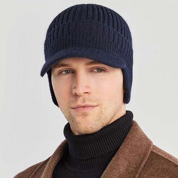 Berets Männer Winter Gestrickte Gehörschutz Kappe Dicke Wolle Mützen Motorhaube Snapback Kurze Krempe Hut Outdoor Radfahren Plüsch Warm Halten