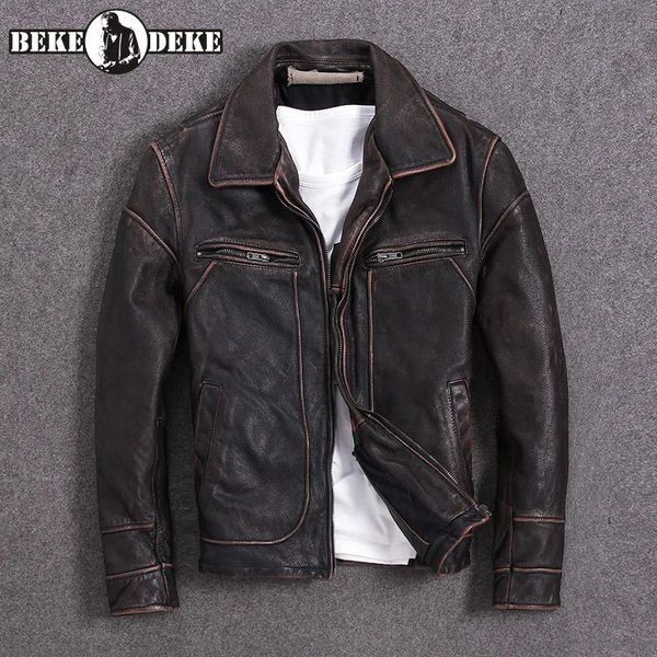 Herrenjacken Vintage Rotbraun Männer American Casual Style Lederjacke 5XL Echtes Rindsleder Herbstmantel Biker 231205