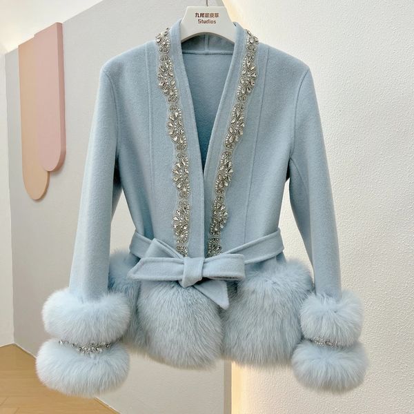Bayan Yün Karışım Ceketler Bayanlar Gerçek Doğal Tilki Kürk Kürk Kış Kadınlar El Yapımı Kristal Boncuklu Kadın Kış Ceketleri 231206