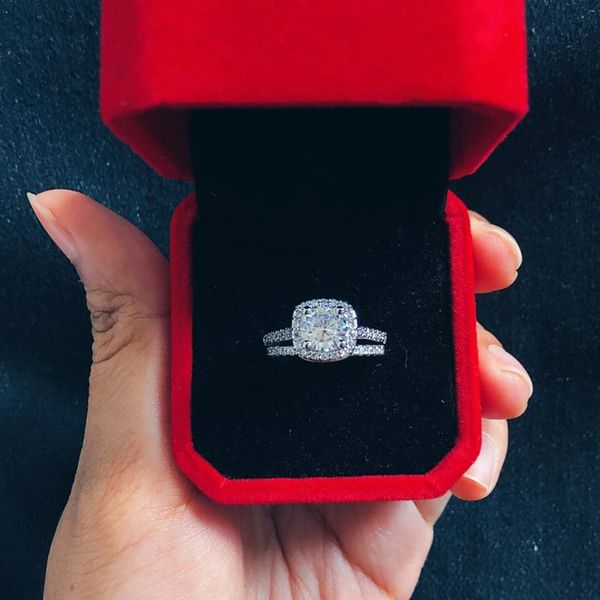 Anéis de casamento anéis de noivado de casamento conjunto para mulheres casal quadrado prata cor cristal birde casamento zircon anel tendência jóias r531 231205