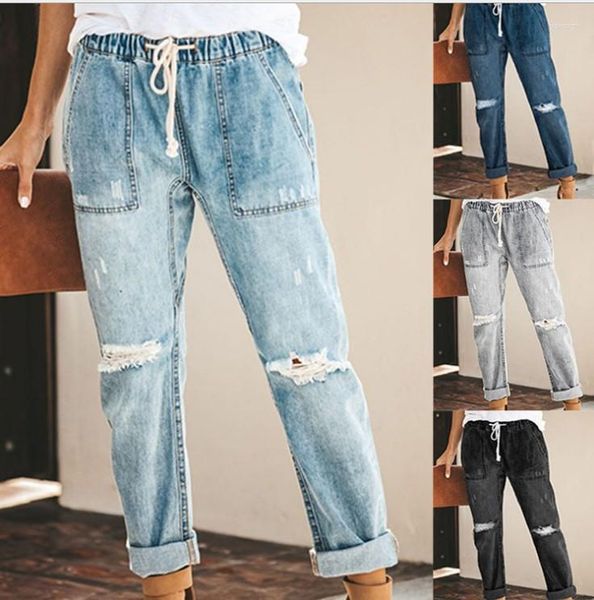 Женские джинсы в европейском и американском стиле. Женская мода. Уличные хипстерские прямые брюки. Рваные брюки.