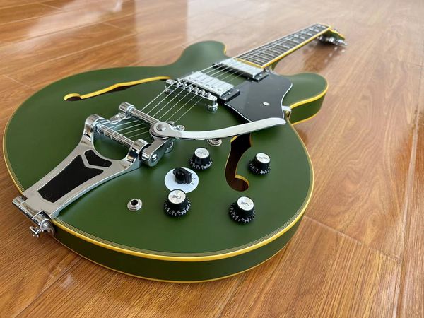 Guitarra elétrica jazz verde militar personalizada, corpo meio oco, fornecimento local, entrega rápida, frete grátis