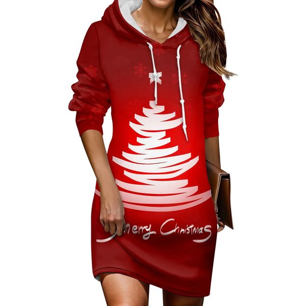 Urban Sexy Vestidos Joelho Vestido Quente Suor Camisa Manga Longa Árvore de Natal Impresso Simples Casual Esportes Com Cordão Hoodie 231206