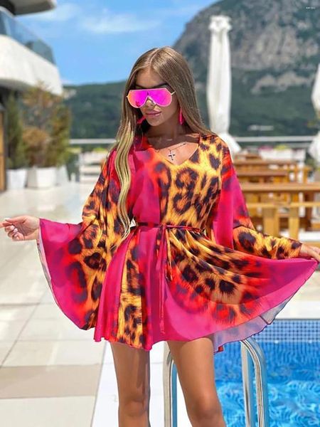 Costumi da bagno da donna 2023 Estate Stampato leopardo Rosa Copricostumi Scollo a V Abiti da spiaggia per le donne Abito ampio con lacci Abiti a maniche lunghe