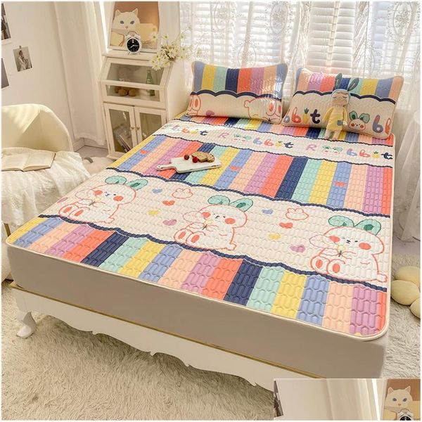 Colchão Pad Adorável Padrão Dos Desenhos Animados Látex Bed Mat Kit Para Verão Frio Sensação Rayon Cool E Travesseiros Cozy Slee Cooling 230626 Drop Dhmge