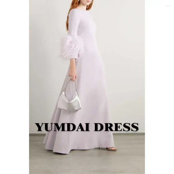 Vestidos de festa yumdai luxo dubai vestido de noite manga longa pena strass bola vestido elegante luz roxo crepe casamento dama de honra