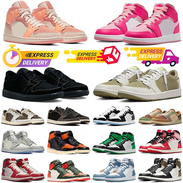 Com Caixa Jumpman 1 Sapatos de Basquete Alto 1s Médio Macio Rosa Golf Olive Lost Found Reverse Mocha Black Phantom Criado Patente Homens Mulheres Sapatilhas Treinadores Esportivos Ao Ar Livre