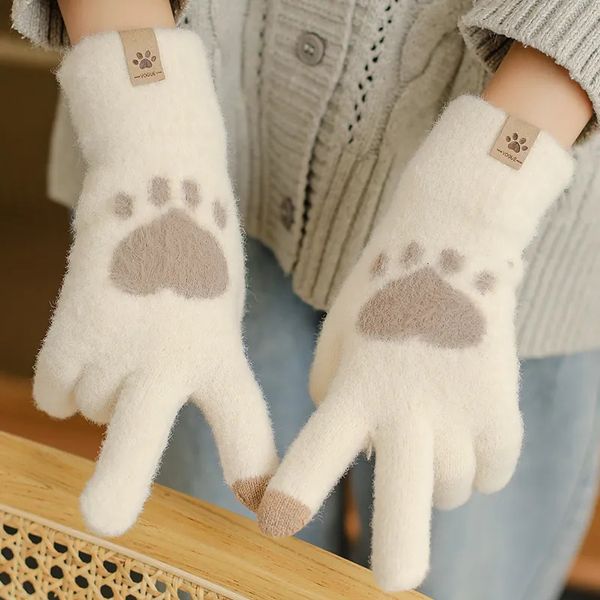 Fünf Fingerhandschuhe Mode Katze Pfote Druck Mobiltelefon Touchscreen Gestrickte Winter Dicke Warme Erwachsene Weiche Flauschige Herren Frauen 231205