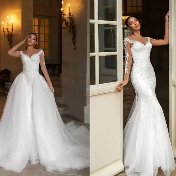 Stunningbride 2024 Abiti da sposa a sirena con strascico staccabile Collo trasparente Appliqued Abiti da sposa in pizzo Abiti da sposa Taglie forti