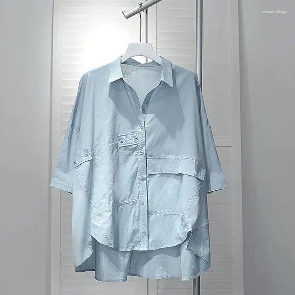 Blusas femininas camisa oversized manga curta cor sólida primavera/verão fino branco roupas femininas azul