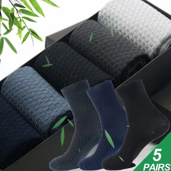 Meias masculinas 5 pares de alta qualidade homens fibra de bambu curto longo tubo causal negócio macio respirável masculino tripulação meia sox 231205