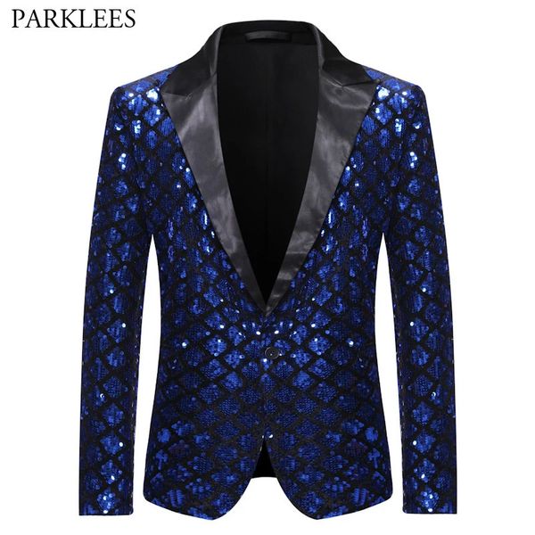 Abiti da uomo Blazer Royal Blue Paillettes Glitter impreziositi Blazer Jacket Uomo One Button Plaid lucido Tuxedo Nightclub Prom Costumi di scena 231206