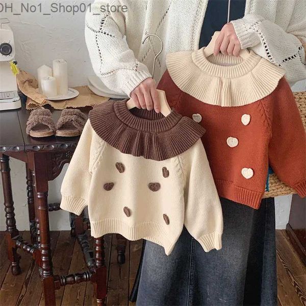 Strickjacke 2023 Herbst Winter Kinder Mädchen Pullover Baumwolle Fleece Warme Liebe Häkeln Kind Mädchen Pullover Rüschen Patched Infant Baby Mädchen top Q231206