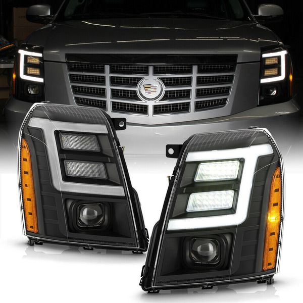 Par de faróis LED completos pretos com barra de néon C-TUBE para Cadillac Escalade 2007-14
