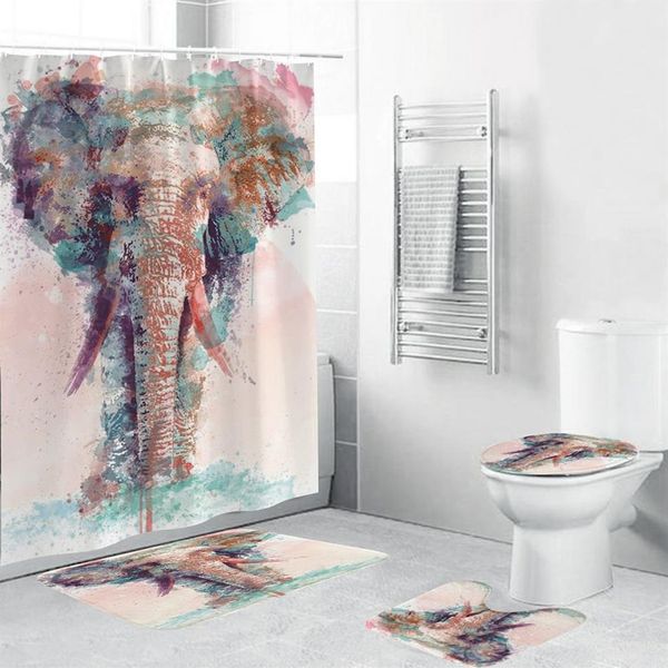 Cortina de chuveiro de elefante cor água poliéster 4 peças conjunto de banheiro capa de tapete tapete de banho almofada para decoração de casa t200711298s