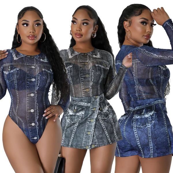 Tasarımcı Trailtsits Seksi Bodysuits Şort İki Parça Setleri Kadınlar Uzun Kollu Sheer Kıyafetler Denim Baskı Toplu Toptan Kıyafetler 10404
