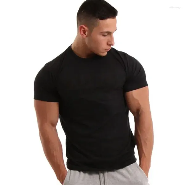 Ternos masculinos A2592 Homens Manga Curta Preto Sólido Algodão T-shirt Ginásios Fitness Musculação Treino Camisetas Masculinas Verão Casual Slim Tee Tops