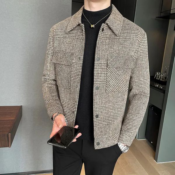 Ternos masculinos blazers roupas de marca masculina blazer fino moda de alta qualidade xadrez jaqueta casual lã masculina curto fino ajuste blazer 231206