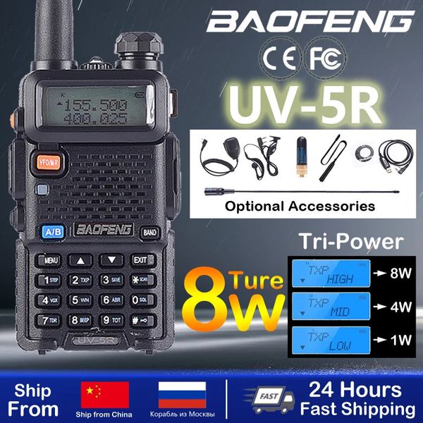 Walkie Talkie 2024 Baofeng UV 5R 8 Вт 5 Вт настоящая высокая мощность 8 Вт мощный длинный звонок двухдиапазонная двусторонняя радиосвязь CB портативная охотничья 231206