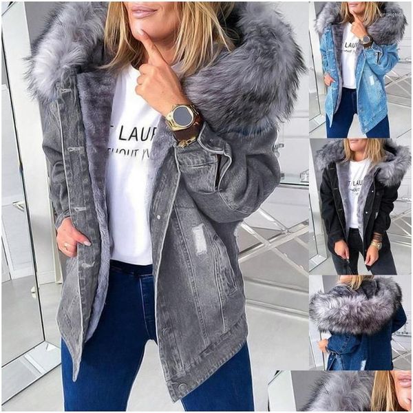 Giacche da donna Giacche da donna Giacca di jeans con cappuccio in pelliccia sintetica Donna Elegante Parka Colletto in peluche retrò Cappotto di jeans Manica lunga spessa sfilacciata Dhdjp