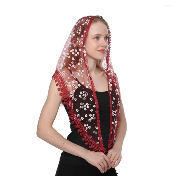 Roupas étnicas 160x50cm Mulheres Lace Scarf Triângulo Igreja Xaile Bordado Flor Headcovering Véus