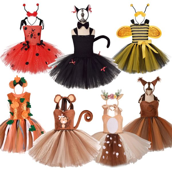 Vestidos da menina bonito meninas halloween animal cosplay trajes crianças macaco abelha gato elk esquilo inseto joaninha carnaval festa 231205