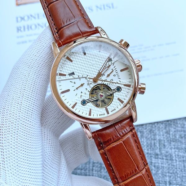 Pate bilek 2023 Mens Watches Tourbillon Beş İğne Otomatik Mekanik Atık Yüksek Kalite Üst Lüks Marka Deri Kayış Moda İsviçre Cenevre Üç