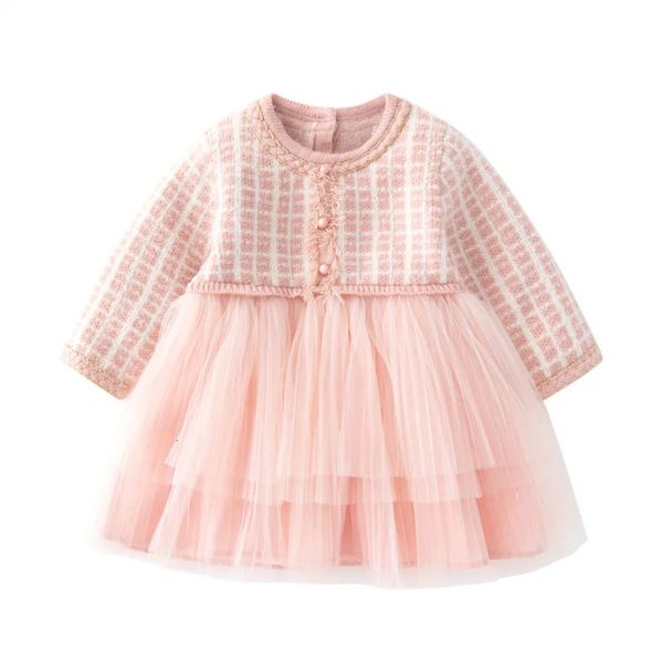 Vestidos da menina primavera e outono roupas infantis 1 a 6 anos menina de malha rosa fofo gaozi vestido elegante infantil 2312306