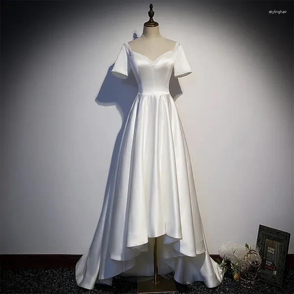 Parti Elbiseleri Gece Elbise Kısa Kollu Basit A-Line Moda V Yağ Pilel Zemin Uzunluğu Beyaz Dantel Yukarı Satin Resmi Kadın B1395